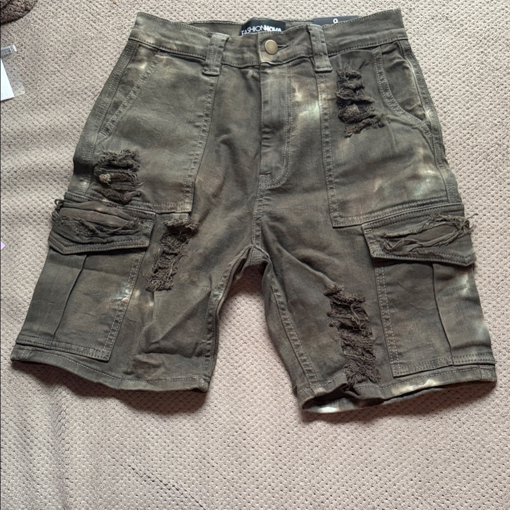 Fashion Nova Distressed Olive Cargo Shorts